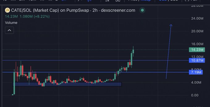 The image shows a candlestick chart for CATE/SOL on PumpSwap with a market cap of 14.23M (+8.22%), illustrating the token's sharp upward trend to a new all-time high following earlier consolidation around the 7-8M range. The blue arrow highlights the recent breakout momentum, visually supporting the post's claim of a "clean 4x from first call" and strong community performance despite an overall red market day.