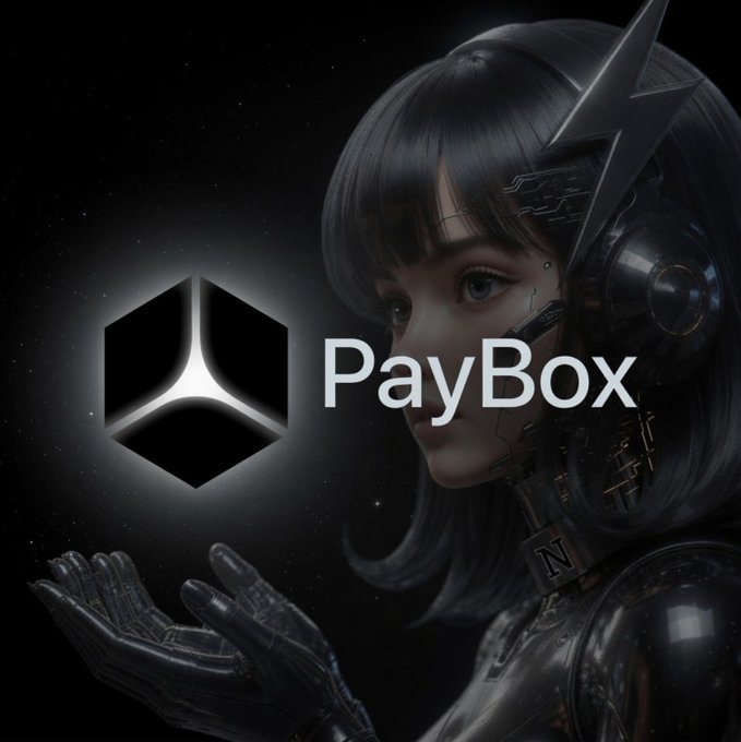 A futuristic cyborg figure with a black bob haircut and mechanical details holds out a gloved hand, with the 'PayBox' logo and text overlaid on a dark background.