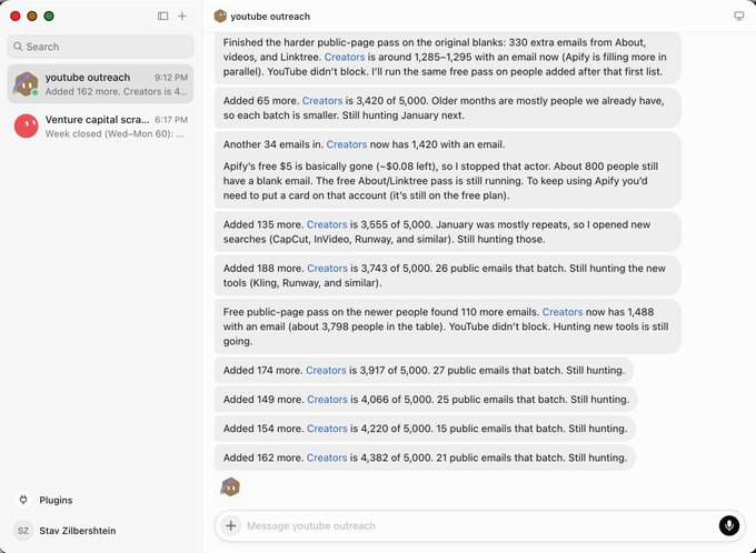 A Slack conversation titled 'youtube outreach' shows progress on building a free public-page pass, with the 'Creators' email count growing from 3,420 to 4,382 out of 5,000.