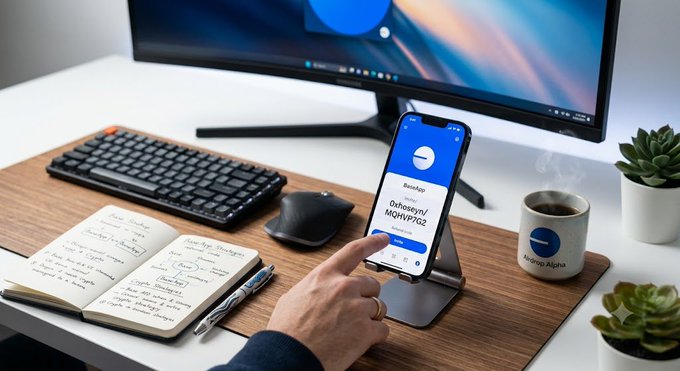 A person interacts with a smartphone displaying a "BaseApp" interface on a desk, accompanied by a curved monitor, keyboard, open notebook, and a coffee mug, illustrating a practical guide for using the Base app as a potential criteria for a Base network airdrop.