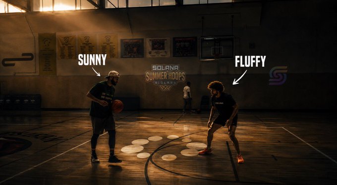 Two players labeled 'SUNNY' and 'FLUFFY' face off on an indoor basketball court with 'SOLANA SUMMER HOOPS' branding on the wall.