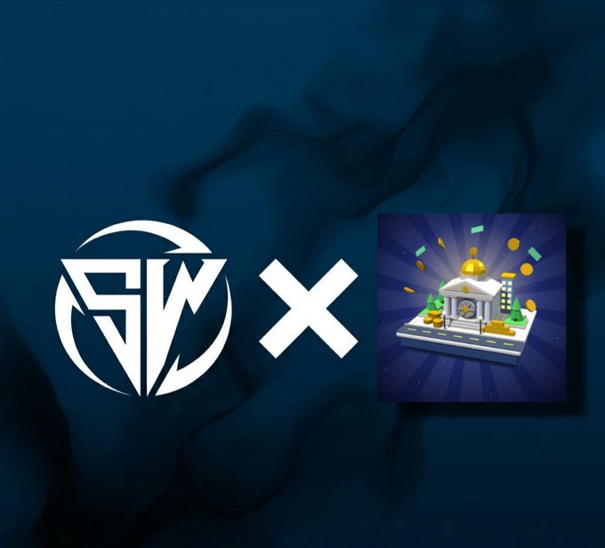 A graphic displays the SGW logo alongside an 'X' and a crypto/financial-themed icon featuring a bank building and coins on a blue smoky background.
