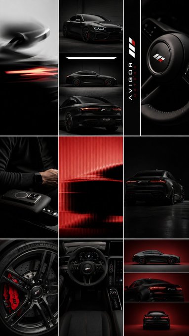 A collage of moody black-and-red product shots of an Avigdor performance car, showing exterior angles, the steering wheel, gear shifter, and wheel details.