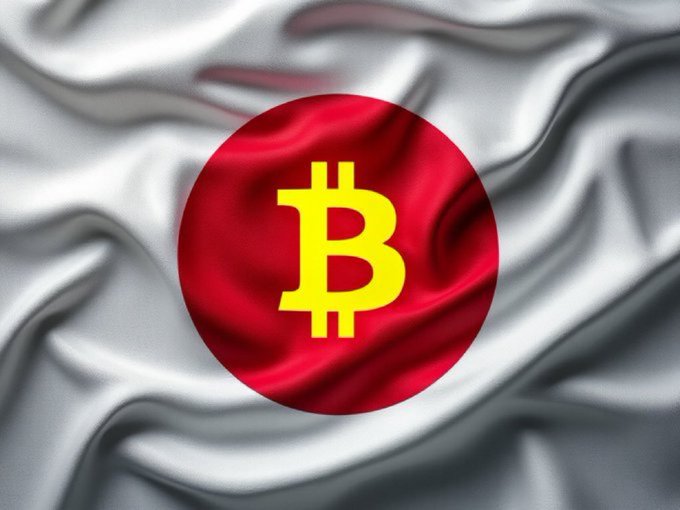 The image features a close-up of a Japanese flag with a red circle containing a yellow Bitcoin symbol, which is the main focus of the photo. The background of the image is blurred, drawing attention to the Bitcoin symbol. The caption below the image reads "HUGE JAPAN JUST MOVED FORWARD WITH LEGISLATION THAT COULD REDUCE TAXES ON #BITCOIN GAINS." This suggests that there might be new laws or regulations in Japan related to Bitcoin gains and tax implications, which could affect the way people invest in or use Bitcoins.