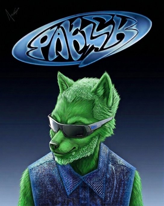 A digital illustration shows a green anthropomorphic wolf wearing futuristic wraparound sunglasses and a blue mesh shirt, with the word 'PABLSK' in a blue oval logo above.