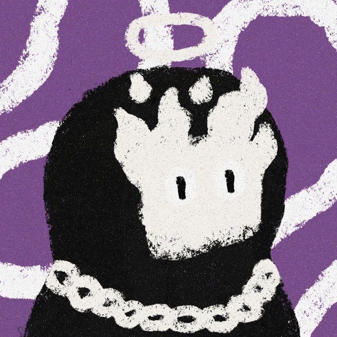 A stylized illustration of a sheep with a skull-like face and a halo, wearing a chain necklace against a purple background.