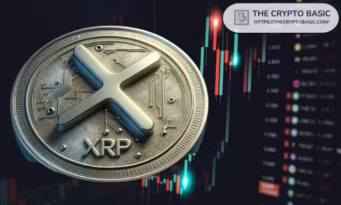 A metallic XRP coin is displayed prominently against a backdrop of a candlestick trading chart, with "THE CRYPTO BASIC" watermark and website URL visible in the upper right corner. The image reinforces the post's cyclical market message by visually emphasizing XRP's trading activity and the "XRP" ticker, suggesting that despite past volatility, the pattern of price movement will repeat.