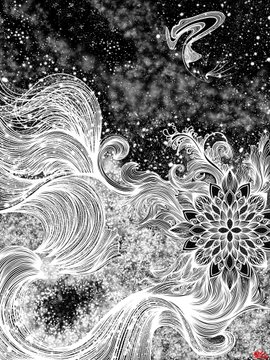 A black and white abstract artwork featuring intricate swirling wave patterns and floral/mandala motifs on a starry, textured background.