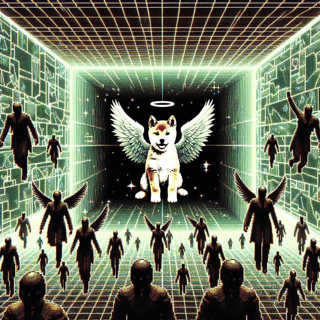 A surreal digital artwork depicting an angel-winged Shiba Inu dog with a halo floating in a green grid-like tunnel, surrounded by ascending human figures with wings.