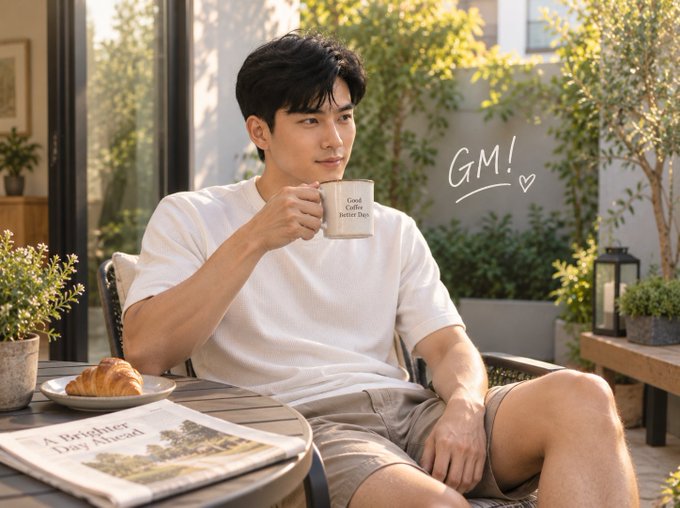 A photo of a man sitting at an outdoor cafe table holding a mug of coffee, with a croissant, newspaper, and plants visible, and "GM! ♡" written in the upper right corner.