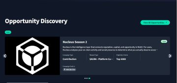 A dark-themed app or website interface titled 'Opportunity Discovery' featuring a 'Nucleus Season 2' card with details like Contribution, Stake Platform, Try Date, and Categories (Yield).