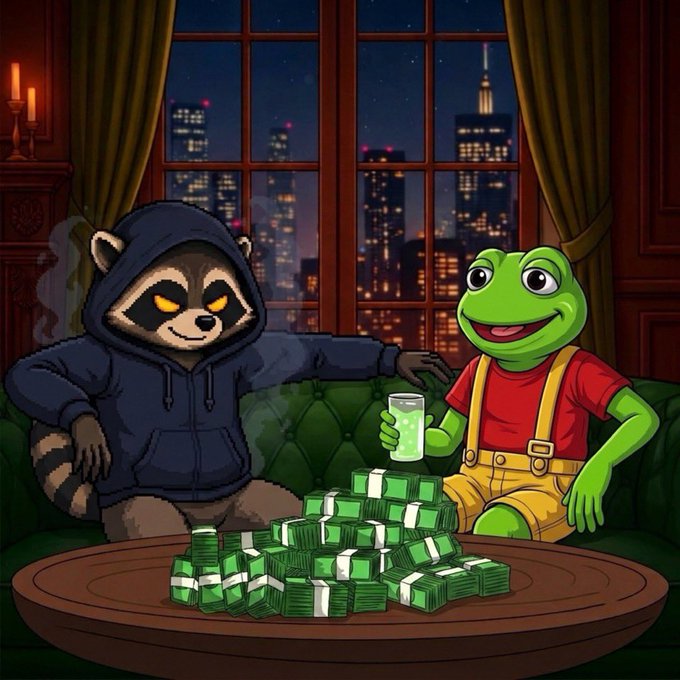 An illustration of two cartoon characters sitting at a table piled high with stacks of cash: a raccoon in a blue hoodie smoking, and a green frog in yellow overalls holding a glass.