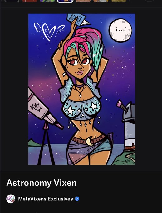 A digital NFT artwork titled 'Astronomy Vixen' from the MetaVixens Exclusives collection, depicting an anime-style character with pink and teal hair standing near a telescope under a starry night sky.