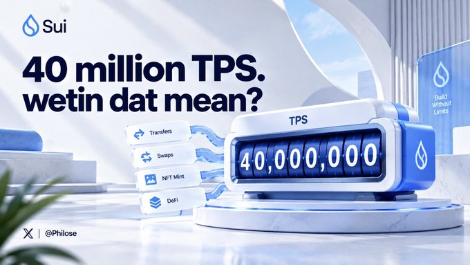 A Sui blockchain promotional graphic featuring the text '40 million TPS. wetin dat mean?' with a counter displaying 40,000,000, and feature tags for Transfers, Swaps, NFT Mint, and DeFi, credited to @Philose.