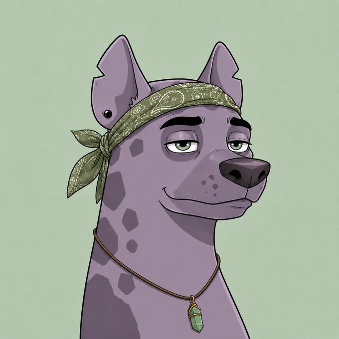 An animated grey Great Dane with dark spots wears a green paisley bandana tied around its head and a crystal pendant necklace against a pale green background.