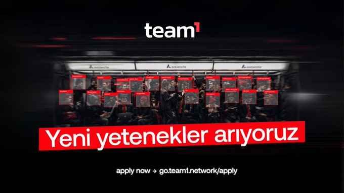 The image features a group of people standing together with their backs facing the camera. The text "Team1" is written above them, indicating that they are part of an organization or team. Below this, there's a red banner with white text that reads "Yeni yetenler için kimler için fırsatlar sunar venasıl katkı sağlayabilirsin?". This phrase is likely meant to be a call to action for the viewer. The image also includes a link to apply now, which could lead to more information about the organization or team.