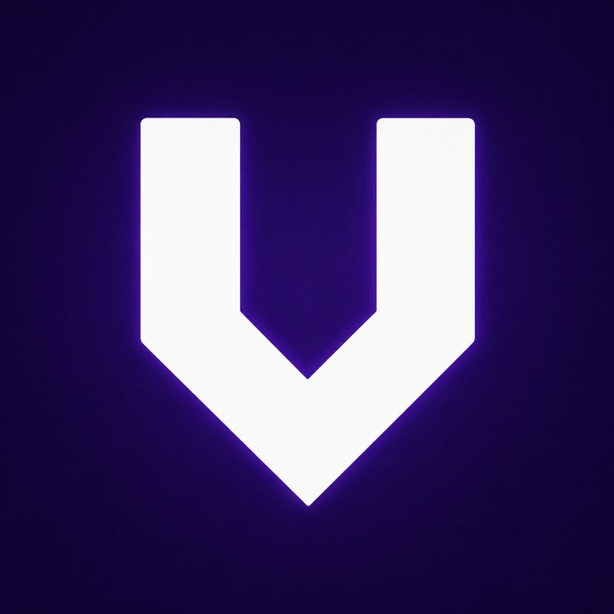 A white geometric logo shaped like the letter 'V' or 'U' with pointed bottom edges glows against a dark purple background.