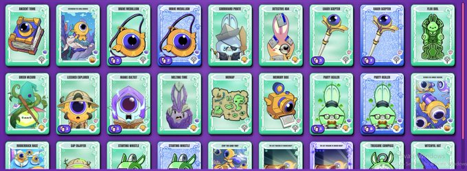 A grid of digital trading cards featuring cartoon characters including an 'Ancient Tome', 'Shine Shoe Leon', 'Chernobyl Party', and various other illustrated creatures and items.