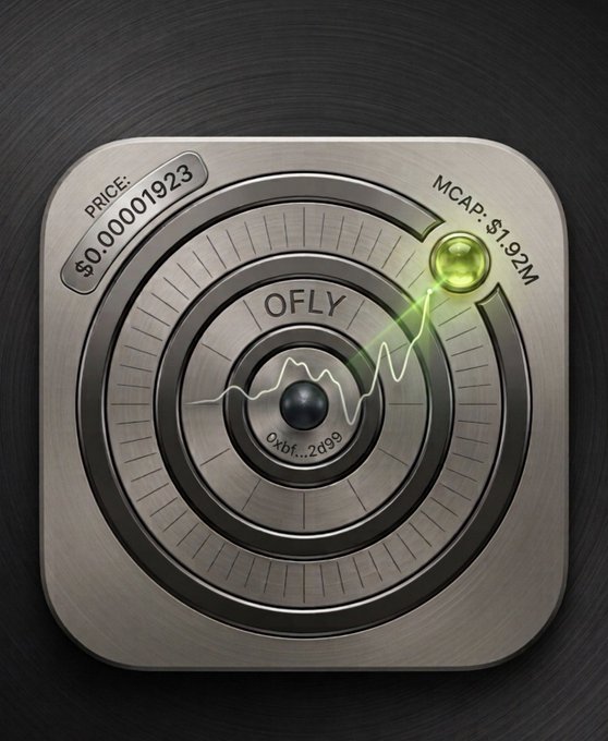 A metallic app icon featuring a circular design with a price tag reading '$0.000001923' and 'MCAP: $1.92M' for the token 'OFLY', with a green line graph trending upward.