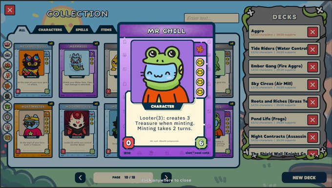 A video game collection menu shows various character and spell cards, with a detailed view of the 'Mr Chill' character card that reads 'Looter(3): creates 3 Treasure when minting. Minting takes 2 turns.'