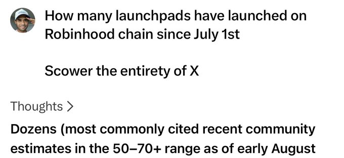 The image shows a query to Grok asking how many launchpads have launched on the Robinhood chain since July 1st, with the response estimating "Dozens" (commonly cited in the 50-70+ range as of early August), supporting the post's claim of ~70 launchpads on @robinhoodapp's chain amid a "launchpad-a-thon."