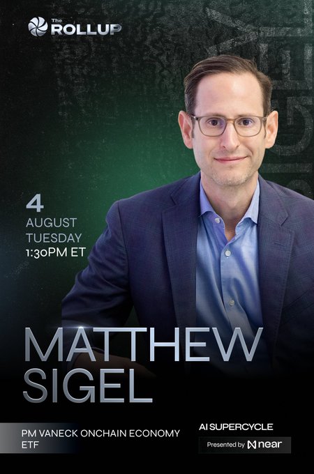 This is a promotional graphic for "AI Supercycle" featuring Matthew Sigel, Head of Digital Asset Research at VanEck, with the date and time "4 AUGUST TUESDAY 1:30PM ET". The image visually introduces the speaker and event details mentioned in the accompanying post.