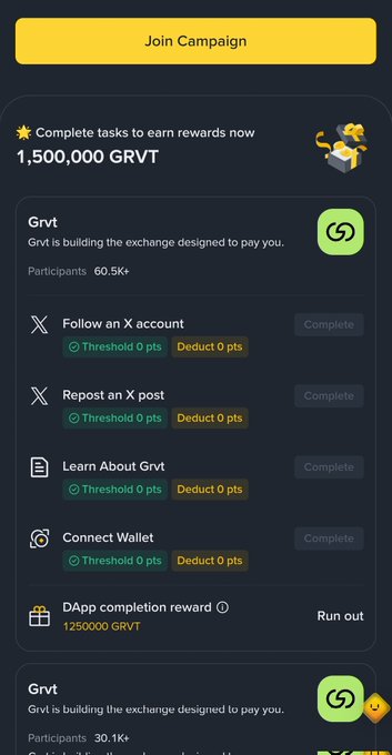 A mobile screen displays a GRVT campaign rewarding users with 1,500,000 GRVT tokens for completing simple social tasks such as following and reposting on X, learning about Grvt, and connecting a wallet, with 60.5K participants enrolled. The image supports the post's claim of a free, zero-cost Binance airdrop promotion requiring only 2 alpha points to enter the 1,500,000 GRVT prize pool.