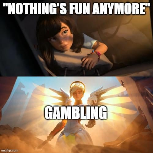 The image is a two-panel "Dramatic Overhead" meme featuring Overwatch's Tracer character looking bored in a bunker above ("NOTHING'S FUN ANYMORE"), contrasted with her glowing, angelic Overwatch 2 form below ("GAMBLING"). It humorously depicts how trading or crypto gambling feels like a divine, exciting reward compared to the dull Monday the poster is dreading—tying into the giveaway encouraging users to drop their Solana (SOL) addresses for a chance to win prizes.
