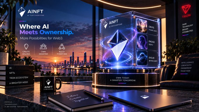 A promotional graphic for AINFT ('Where AI Meets Ownership') featuring a glowing crystalline Ethereum-style logo in a futuristic lounge setting, alongside branding for the TRON ecosystem.
