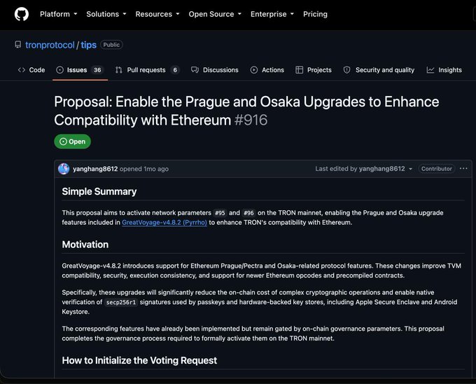 A GitHub proposal page from tronprotocol/tips #916 titled "Proposal: Enable the Prague and Osaka Upgrades to Enhance Compatibility with Ethereum," which outlines GreatVoyage-v4.8.2 (Pythro) network parameter changes (#95 and #96) to activate Ethereum-compatible features including secp256r1 signature support for Apple Secure Enclave and Android Keystore, directly supporting the post's claim about the August 25 vote that could eliminate seed phrases for TRON's $90 billion USDT ecosystem.
