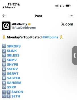 A screenshot of a Telegram post from AltsDaddy (@AltsDaddycom) titled "Monday's Top Posted #Altcoins" lists $RMV at #4 among the top 12 trending altcoins including $PROPS, $LINK, $BLESS, $SHYPE, $SERV, $SGRVT, $SASTRY, $SANSEM, $XRP, $SAEON, and $2SETH. The list highlights $RMV's prominence in the altcoin community, supporting the post's emphasis on the token's ecosystem and earning opportunities.