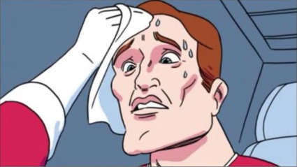 This image, featuring a man wiping sweat from his brow in a panicked expression, visually represents the difficult choice presented in the accompanying post regarding the "CLARITY" act. The sweat indicates the stress and uncertainty of deciding between unregulated digital asset activities and regulated ones with ethics requirements.