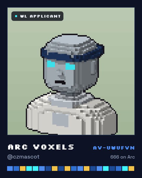 A pixel-art avatar ID card for 'ARC VOXELS' (AV-VWUFVN) showing a silver robotic bust with glowing blue eyes, tagged as 'WL APPLICANT' and '666 on Arc' by @czmascot.
