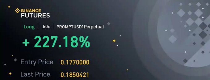 A cryptocurrency trading screenshot showing a Binance Futures position on 'PROMPTUSD1Perpetual' with a 'Long 50x' leverage and a profit of '+ 227.18%', along with entry and last prices.