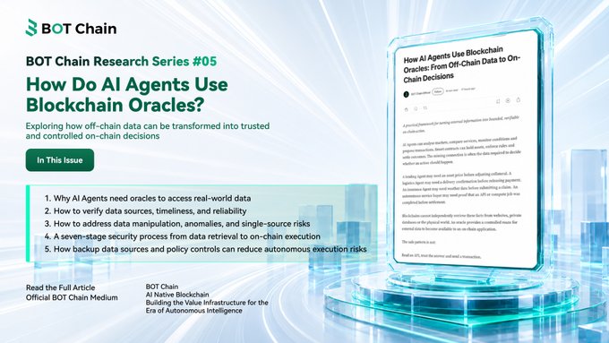 Promotional banner for BOT Chain Research Series #05 titled "How Do AI Agents Use Blockchain Oracles?", featuring five key topic points about oracles, data sources, and verification, alongside a stylized 3D rendering of a holographic document displaying article text. The teal-and-white design ties directly to the post's focus on transforming off-chain data into trusted on-chain decisions for AI agents.