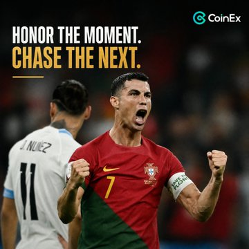 A CoinEx promotional image featuring soccer player Cristiano Ronaldo celebrating in a Portugal jersey, with the text 'HONOR THE MOMENT. CHASE THE NEXT.'