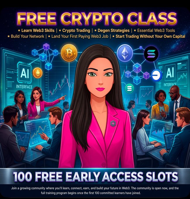 An advertisement for a 'FREE CRYPTO CLASS' offering 100 free early access slots, covering Web3 skills, crypto trading, and degen strategies, featuring an illustrated woman with cryptocurrency logos.