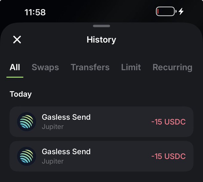 A screenshot of a mobile History page showing two "Gasless Send" transactions from Jupiter, each deducting 15 USDC today. The image visually confirms the "Gasless Send" feature was used to distribute $15 USDC to recipients.