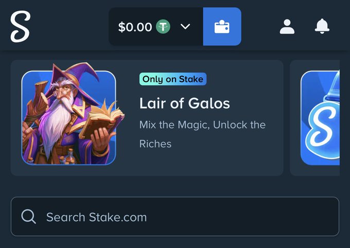 The image shows the Stake.com homepage featuring a prominent "Lair of Galos" promotional banner with the tagline "Mix the Magic, Unlock the Riches" and an "Only on Stake" label, highlighting the game's featured placement on the platform's front page as mentioned in the post.