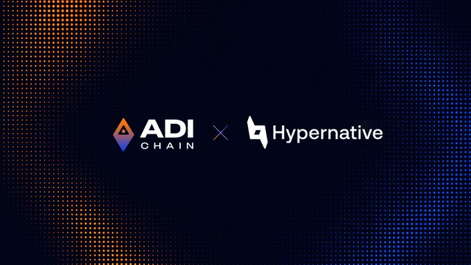 Promotional graphic announcing the partnership between ADI Chain and Hypernative, featuring both company logos side-by-side with an "x" between them, set against a dark background with orange and blue dotted lighting effects on either side.