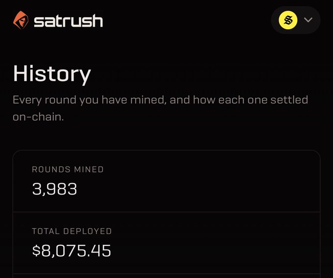A "satrush" mobile app screen showing a "History" page that tracks every mined round, displaying "ROUNDS MINED: 3,983" and "TOTAL DEPLOYED: $8,075.45".