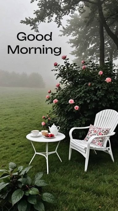 A misty garden scene with a white table holding a teacup and a white chair with a floral cushion next to a rose-covered bush, with "Good Morning" text overlaid.