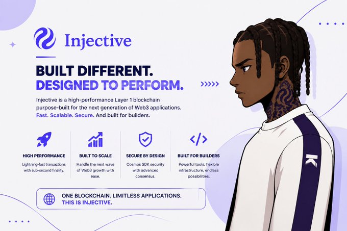 A promotional graphic for the Injective blockchain platform, featuring an illustration of a young man with braided hair and tattoos alongside the tagline 'BUILT DIFFERENT. DESIGNED TO PERFORM.' and highlights like 'HIGH PERFORMANCE', 'BUILT TO SCALE', 'SECURE BY DESIGN', and 'BUILT FOR BUILDERS'.