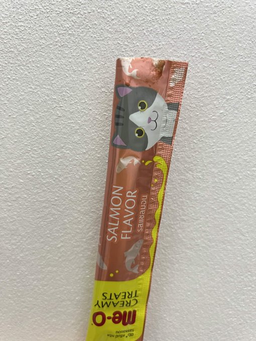A sachet of "Me-O Creamy Treats Salmon Flavour" cat treats lies on a textured white surface, fitting the post's humorous update about prioritizing feeding "the boss" (a handsome cat) before returning to work.