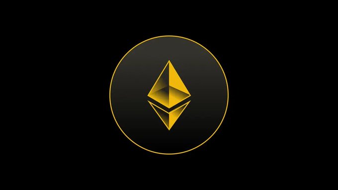 Digital image of the Ethereum (ETH) logo, showing a gold diamond-shaped symbol within a circle against a black background.