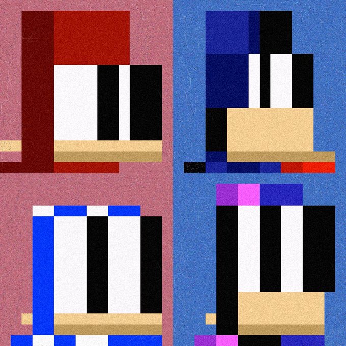 An abstract geometric painting divided into four quadrants with piano keyboard-like black and white shapes in red, blue, and purple color schemes.