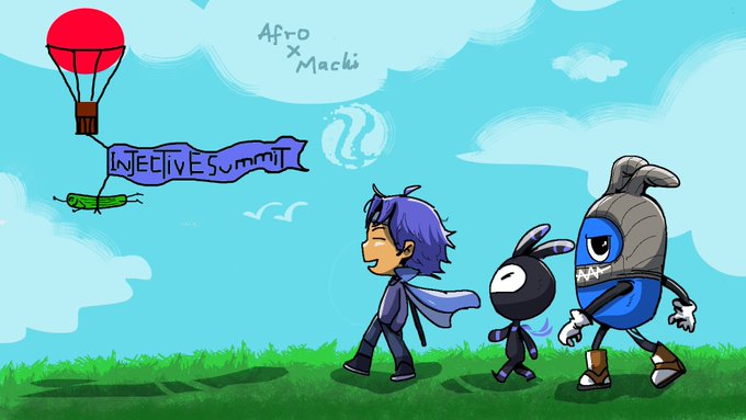 A colorful cartoon artwork titled 'Afro x Macki2 Neclivessummit' showing a blue-haired character walking with two cute creatures on a grassy field, while a hot air balloon with a grasshopper hangs in the sky.