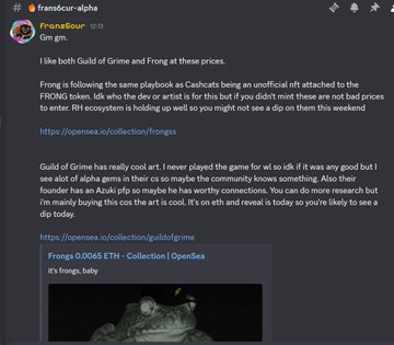 A Discord post by Fransfour-alpha in the "transfour-alpha" channel discusses a "Guild of Grime" and "Frong" NFT secondary play, mentioning "0.0045 ETH" pricing, a "0.0065 ETH" OpenSea link, and showing the Frongs NFT artwork—directly supporting the accompanying post's commentary on secondary NFT plays called in Metafrens.