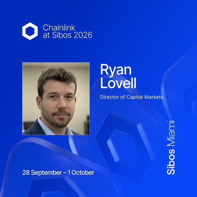 A headshot of Ryan Lovell, Director of Capital Markets at Chainlink, displayed in a promotional graphic for Chainlink at Sibos 2026 (28 September – 1 October) in Miami, highlighting his upcoming speaking engagement on AI in the future of payments alongside J.P. Morgan, Bottomline, and PwC.