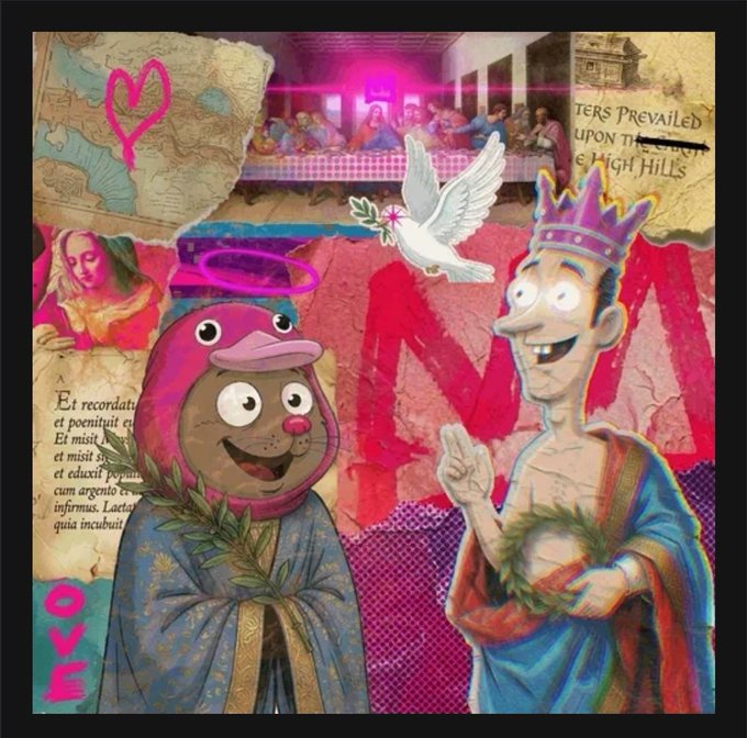 A vibrant collage featuring a Last Supper scene at the top, a dove, a crowned king, and a red-hooded cartoon character holding a leafy branch, with the word "LOVE" written in pink on the left.
